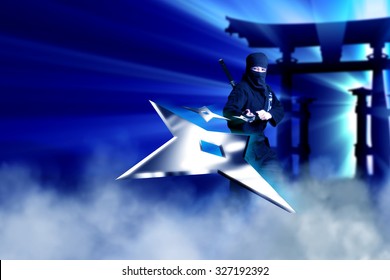 Ninja Throwing Metal Star Towards Camera With Blue Fog Background