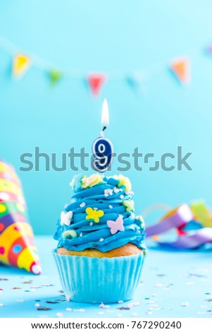 Ninth 9th birthday cupcake with candle and sprinkles. Card mockup.