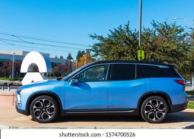 NIO ES8 All Electric SUV Vehicle At NIO Logo. NIO Is Chinese Electric Autonomous Vehicles Manufacturer - San Jose, California, USA - November, 2019