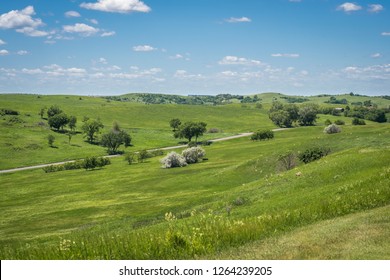 Niobrara State Park, Nebraska In Spring. Beautiful Green Landscape And Blue Sky With Cumulus Clouds.