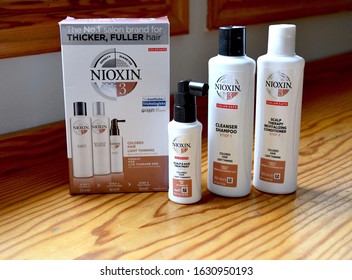 Nioxin 3 step hair thinning programme and popular products to help combat hair loss. Containers with branding and logo. Edinburgh Scotland UK. jANUARY 2020