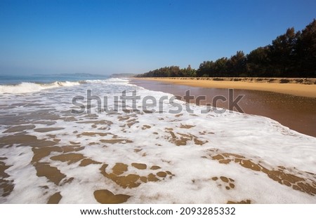 Nirvana Beach in the Kumta region of Karnataka with wave foam and sand on the beach and fish eagles in the sky. Small forest next to beach and Serene sun in the sky