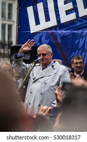 NIS, SERBIA, April 29 2015, Serbian Progressive Party Leader Vojislav Seselj Waves To Gathered Crowd Before He Holds Rally In Front Of Hundreds Supporters In Main City Square 