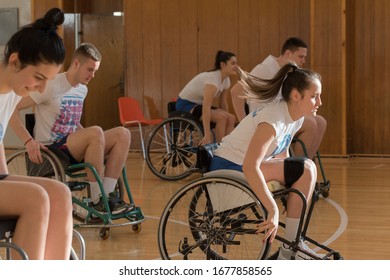 Nis, Serbia - February 28, 2020: Physically Handicapped People Play Wheelchair Basketball As Part Of A Presentation For Interested Students Of The Faculty Of Sports.