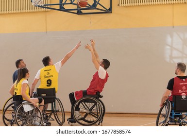 Nis, Serbia - February 28, 2020: Physically Handicapped People Play Wheelchair Basketball As Part Of A Presentation For Interested Students Of The Faculty Of Sports.