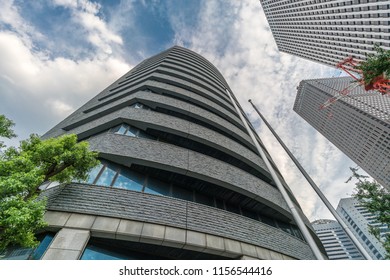 Nishi-Shinjuku, Tokyo - August 11, 2018 : Street Level View Of Skyscrapers In Shinjuku Ward. Sompo Japan Head Office Building And Shinjuku Center Building