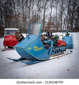 NISSWA, MN - 5 JAN 2022: Antique Polaris Sno-Traveler Snowmobile.