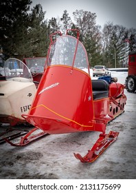 NISSWA, MN - 5 JAN 2022: Red Antique Polaris Sno-Traveler Snowmobile.