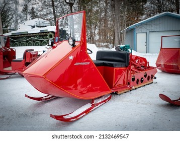 NISSWA, MN - 5 JAN 2022: Red Antique Polaris Sno-Traveler Snowmobile.