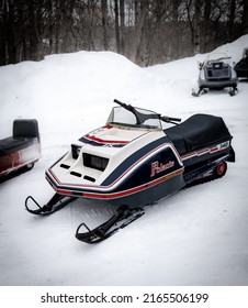 NISSWA, MN - 5 JAN 2022: 1970s Polaris TX Snowmobile On Winter Snow.