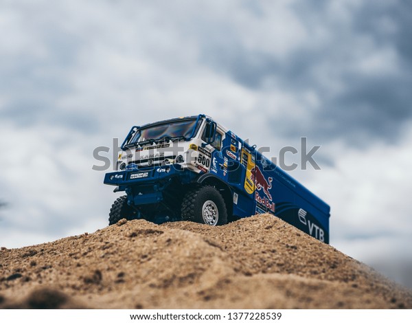 NITRA, SLOVAKIA - APRIL 19 2019:
Scale model Kamaz 4326 Rally Dakar no.500 Nikolaev in desert. Truck
on Rally Dakar. Truck Kamaz in desert. Scale model in
sand.
