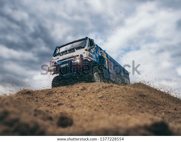 NITRA, SLOVAKIA - APRIL 19 2019:\
Scale model Kamaz 4326 Rally Dakar no.500 Nikolaev in desert. Truck\
on Rally Dakar. Truck Kamaz in desert. Scale model in\
sand.