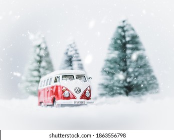 NITRA, SLOVAKIA - DECEMBER 22 2019: Scale model Volkswagen Transporter T1, Volkswagen T1, Volkswagen Bus, Volkswagen Bulli on snowy road. Christmas atmosphere with VW Bulli.