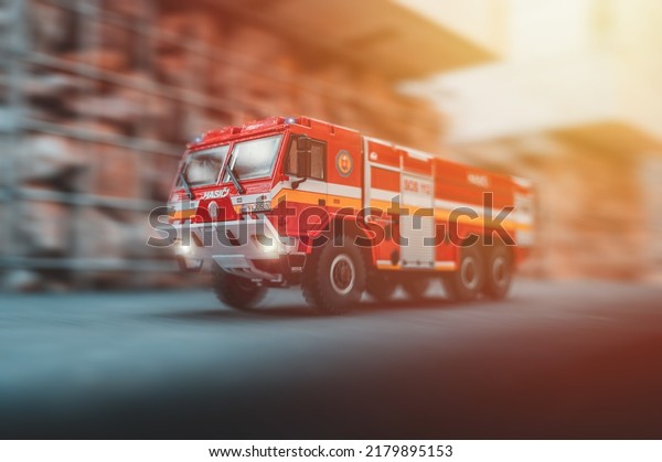 NITRA, SLOVAKIA - JULY 17 2020: Fire truck Tatra\
815-7 intervenes during during a fire. Scale model Tatra. Scale\
model 1:43. Fire truck in\
action.