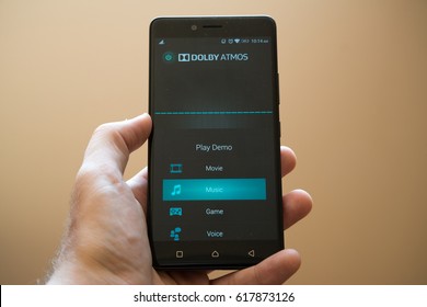 Nitra, Slovakia, March 20, 2017: Dolby Atmos Application Logo On Smartphone