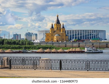 Nizhniy Novgorod, Russia. Gorgeous river view of Alexander Nevskiy Cathedral and football stadium.