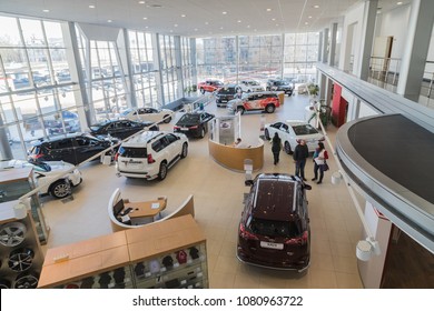Nizhny Novgorod, Russia - March 14, 2018: Cars in showroom of dealership Toyota in Nizhny Novgorodcity in 2018. Top view
