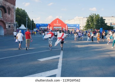 Nizhny Novgorod, Russia-June 24, 2018: Football FIFA Fan Fest Support The National Team World Cup. English Fans Sad Communicate, Make Friends, Emotional, Joy