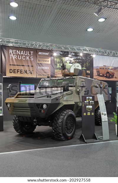 NIZHNY TAGIL, RUSSIA - SEP 25, 2013: The\
international exhibition of armament, military equipment and\
ammunition RUSSIA ARMS EXPO (RAE-2013). Modern French armored car\
Bastion Patsas production\
Acmat