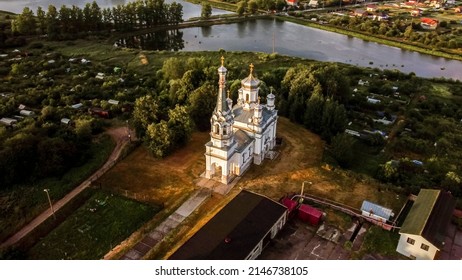 Nizino. russia. 18 july 2021. flight over the church of alexandra of rome in the lugovoy park of peterhof.