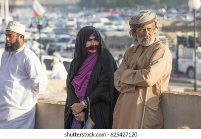 Nizwa, Oma, 24th March, 2017: Omani Couple Talking At The Nizwa Market