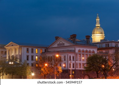 NJ state capitol complex at night in Trenton, New Jersey.
