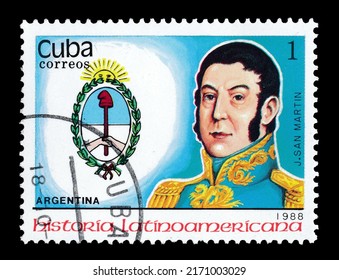 nkara, Türkiye - 06,24,2022: A Cuba postage stamp shows portrait of J. San Martin, circa 1988