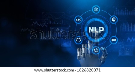 NLP Natural language processing AI Artificial intelligence. Technology concept.  Robot pressing button.