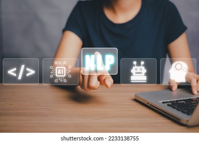 NLP natural language processing cognitive computing technology concept, Business person hand holding VR screen NLP icon with blue bokeh background, AI Artificial intelligence.