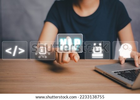 NLP natural language processing cognitive computing technology concept, Business person hand holding VR screen NLP icon with blue bokeh background, AI Artificial intelligence.