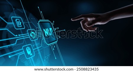 NLP Natural Language processing concept. Human Hand Touching Futuristic Virtual Screen with NLP icon