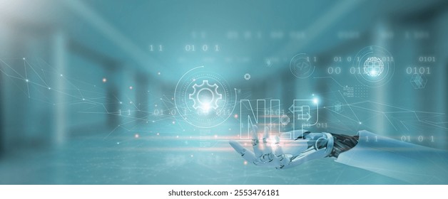NLP (natural language processing): Understanding, communication, analysis. Hands of robot hold NLP network, text processing, sentiment analysis, chatbots, automation.