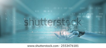 NLP (natural language processing): Understanding, communication, analysis. Hands of robot hold NLP network, text processing, sentiment analysis, chatbots, automation.