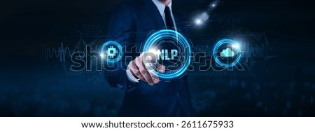 NLP technology, language models, text analysis, businessman touch of speech recognition icon Data exchange on digital network connection, machine translation, conversational agents.