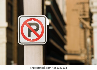 No Auto Parking Sign Bolted to Light Post Downtown
