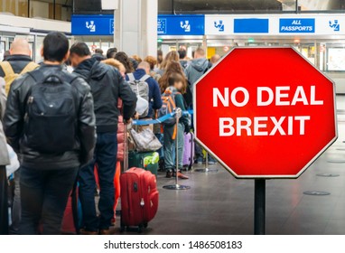 No Deal Brexit Digital Composite Of People Queuing At Generic EU Europe. UK Is Set To Leave The EU By Default On October 31st, 2019 Leading To Likely Disruption To Freedom Of Movement