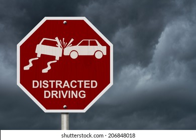 No Distracted Driving Sign, Red Stop Sign With Words Distracted Driving And Accident Icon With Stormy Sky Background