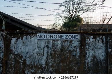 NO DRONE ZONE sign board outside a military premises. Dehradun Uttarakhand India.