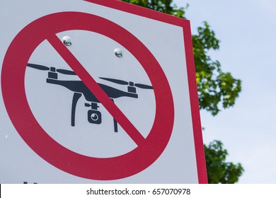 No Drone Zone Sign Cross Red White Metal Real Outdoors Tourist Location Entry Warning