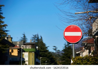 "no enter", "do not enter", european traffic road sign on the background of blue sky and houses - Shutterstock ID 1624153516