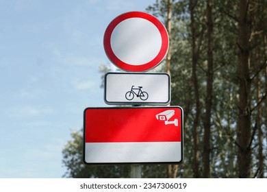 No entry, road sign. Bicycle. Monitoring area.  - Shutterstock ID 2347306019