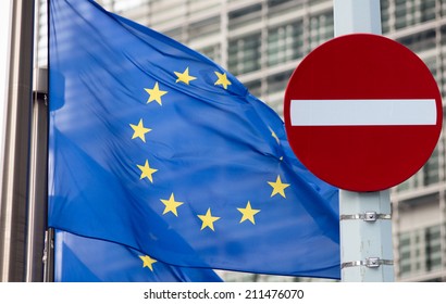 No entry sign in front of EU flag. Russia crisis concept. - Shutterstock ID 211476070