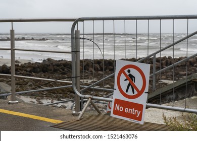 No Entry Sign On The Beach As Storm Lorenzo Approaches.