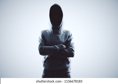 No Face Hacker With Crossing Hands At White Background