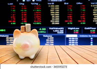 No Face Piggy Bank On Perspective Floor With Blur Stock Market Number Background