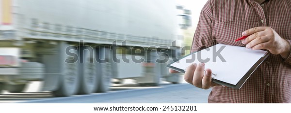 No face Unrecognizable person Businessman\
holding white texture empty list of paper document and red pen\
Business man wearing stripped brown shirt Copy space for\
inscription Truck Delivery\
metaphor
