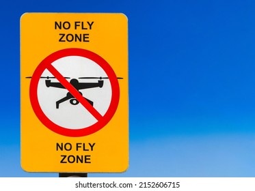 No fly zone sign. No drone zone sign the blue sky background.
