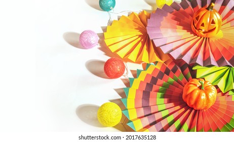 No Focus, Halloween, Greeting, Horizontal Card With Colorful Paper Fans, Decorative Pumpkin, Lightening And Jack O'lantern On A White Background With Place For Text. Mexican, Halloween Decoration