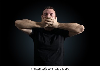 No Free Speech Symbolized By Man Shutting His Mouth With His Hands