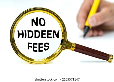 No hidden fees, inscription seen in golden magnifying glass Creative concept, White background, Hand with pen